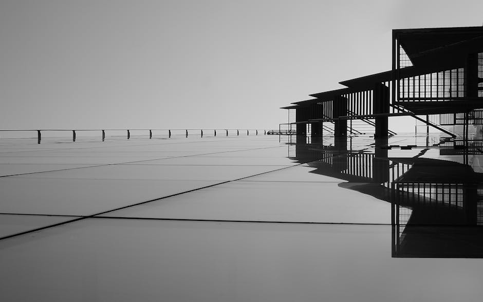 A striking minimalist black and white image featuring architectural reflections on glass surfaces